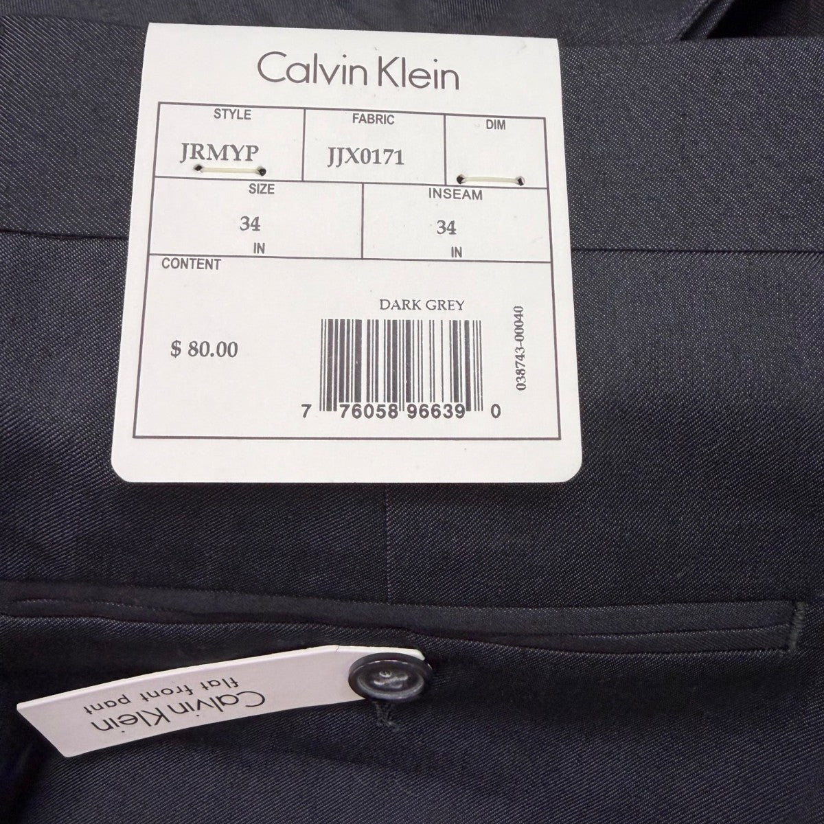 Calvin Klein Mens Dark Grey Dress Pants Flat Front Size 34X34