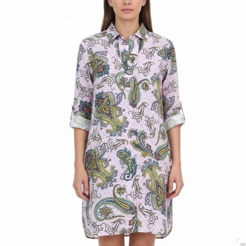 Hinson Wu Womens Pink Luxe Linen Paisley Tunic Shirt Dress Button Back Size M