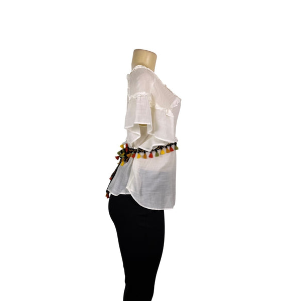 Zac & Rachel Womens White Tassel-Trim Ruffle Blouse  Bohemian Chic Size S