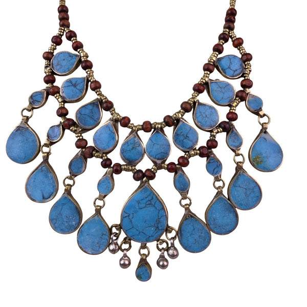 Vintage Style Gold Tone & Blue Faux Turquoise Necklace With Teardrop Beads