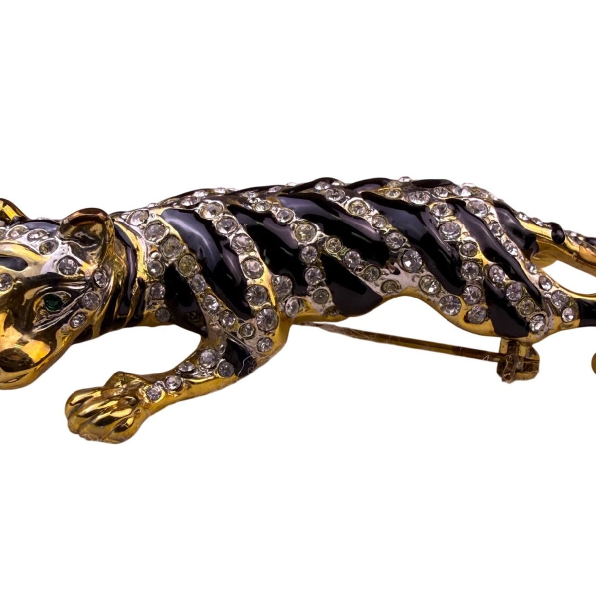 Gold Tone Womens Black Rhinestone Enamel Tiger Brooch With Green Stone Eyes