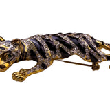 Gold Tone Womens Black Rhinestone Enamel Tiger Brooch With Green Stone Eyes