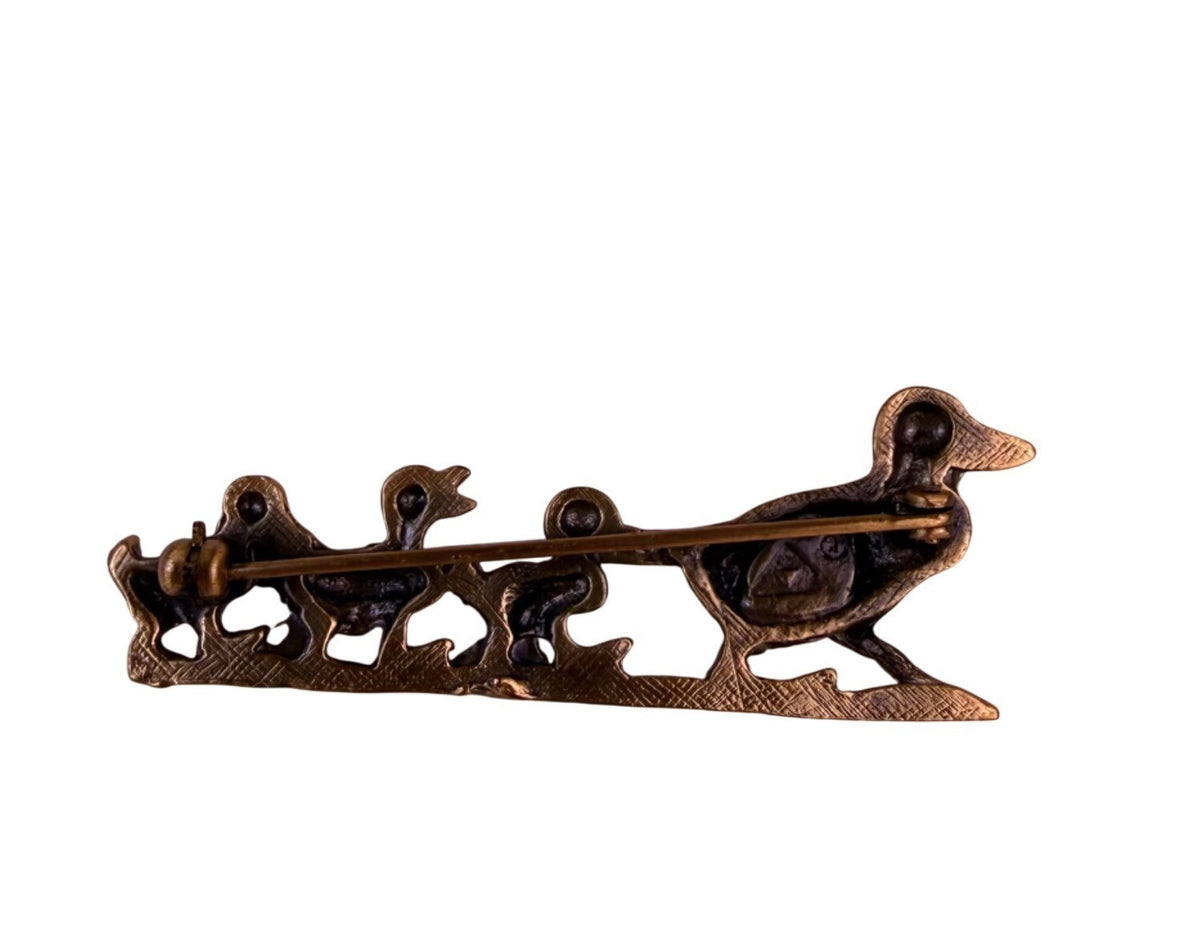 Bronze Tone Vintage Metal Duck Family Brooch Mother & Three Ducklings Pin