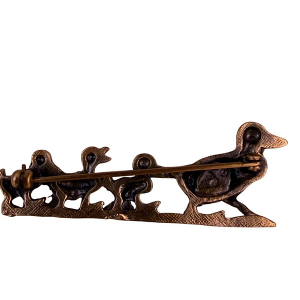 Bronze Tone Vintage Metal Duck Family Brooch Mother & Three Ducklings Pin