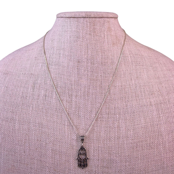 Sterling Silver Womens Hamsa Hand Necklace With Heart Design Italian Chain