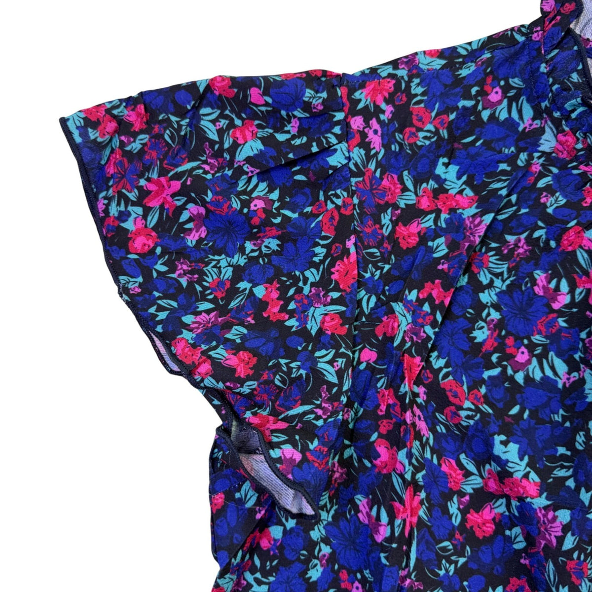 Simplefun Womens Blue Floral Blouse With Ruffled Sleeves Size M