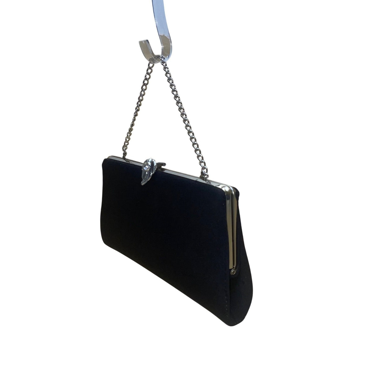 Black Satin Chain Handle With Silver Rhinestone Leaf Closure Evening Clutch
