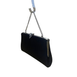 Black Satin Chain Handle With Silver Rhinestone Leaf Closure Evening Clutch
