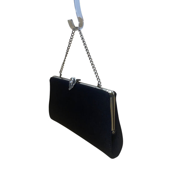 Black Satin Chain Handle With Silver Rhinestone Leaf Closure Evening Clutch