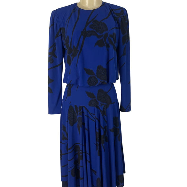 Vintage Ricki Lang Womens Blue & Black Floral Print Midi Dress Vintage Size 8