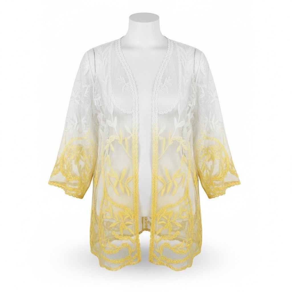 Nina Leonard Womens White & Yellow Lace Embroidered Open Front Topper Sz 2X