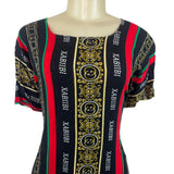 Elegant Heritage Print Maxi Dress With Short Sleeves & Bold Stripes