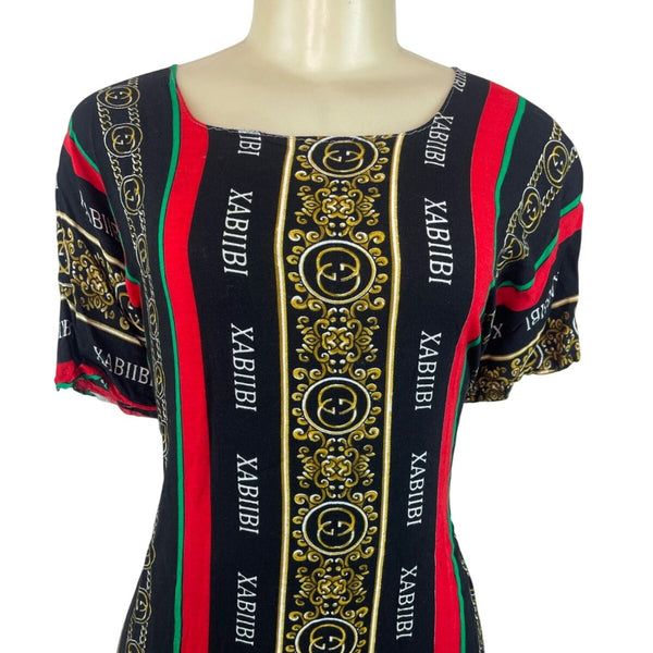 Elegant Heritage Print Maxi Dress With Short Sleeves & Bold Stripes