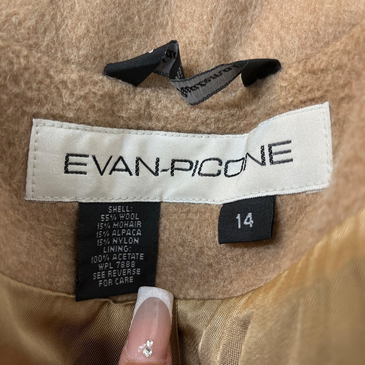 Evan Picone Classic Women's Khaki Double Breasted Wool Coat Sz 14
