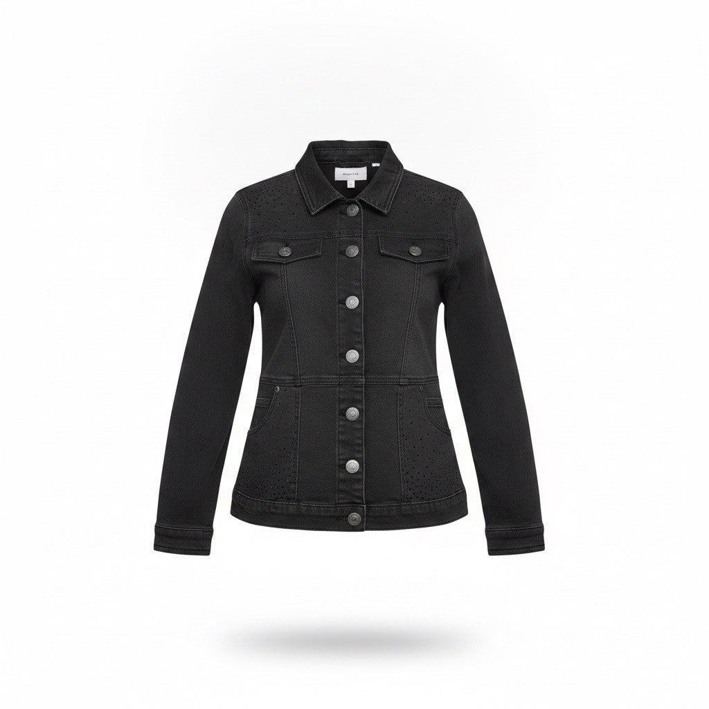 D2 Womens Black Button-Up Studded Denim Jacket Stylish Design Sz M