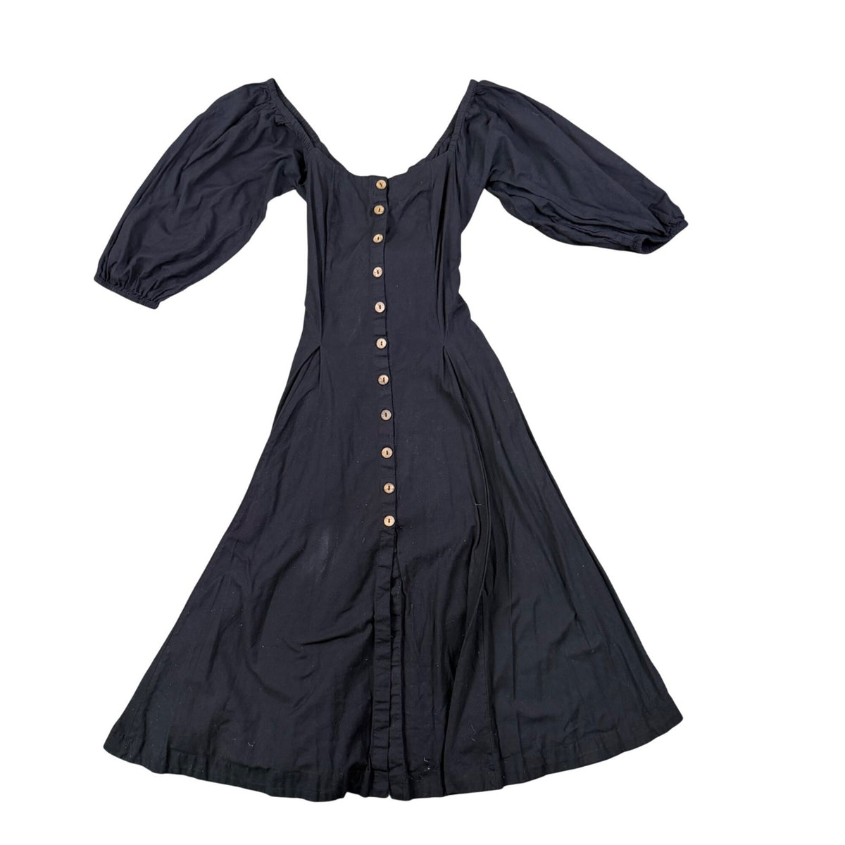Free People Womens Black Button-Front Midi Dress With Puff Sleeves & Tie Size M