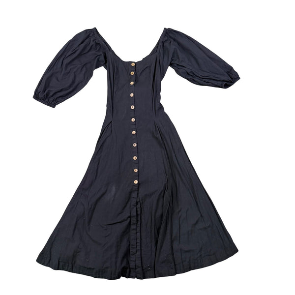 Free People Womens Black Button-Front Midi Dress With Puff Sleeves & Tie Size M