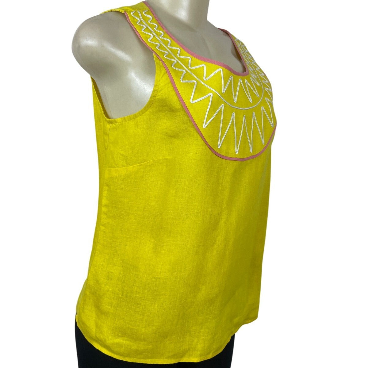 Boden Yellow Linen Sleeveless Top With Pink Trim & Embroidered Size US 6