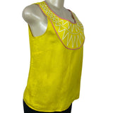 Boden Yellow Linen Sleeveless Top With Pink Trim & Embroidered Size US 6