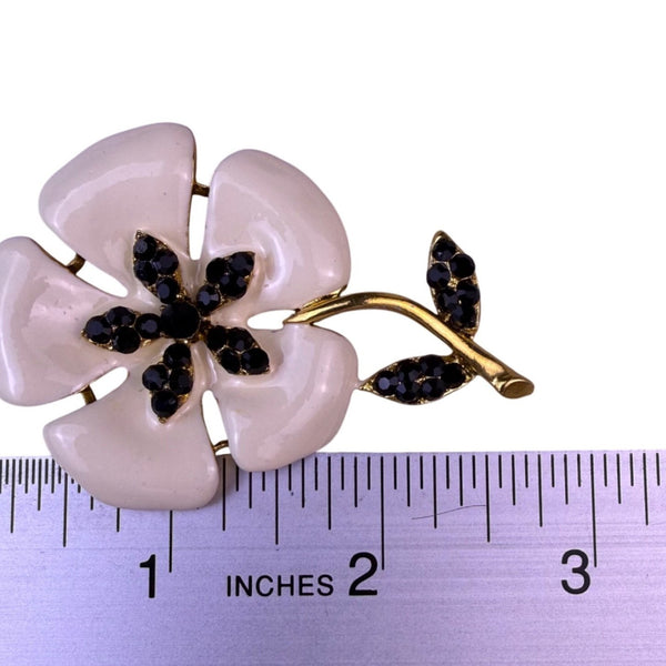 Vintage Gold Tone & Black Enamel Rhinestone Flower Brooch Jewelry Pin