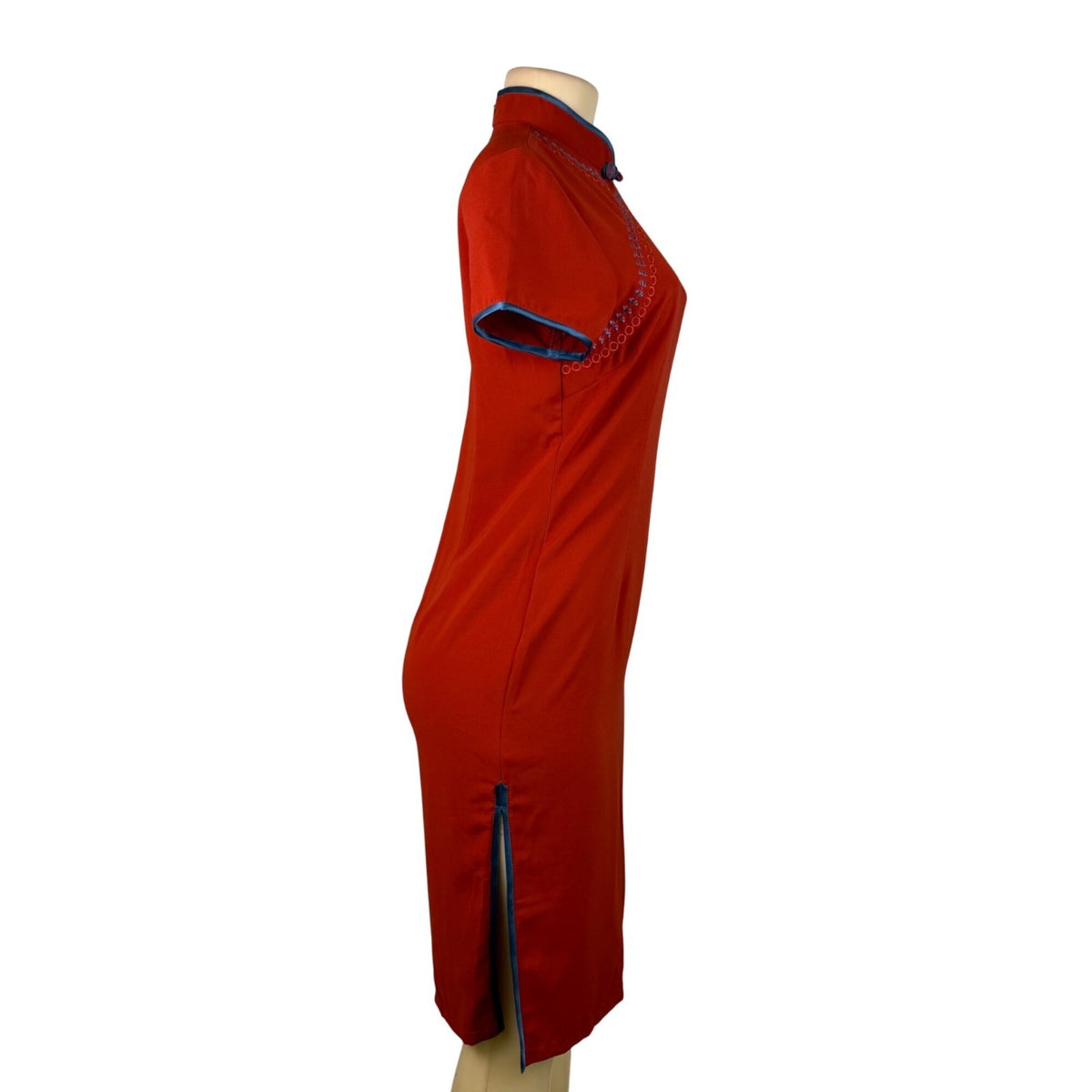 Womens Red Cheongsam Qipao Dress With Blue Trim & Embroidery Elegant Style Sz XL