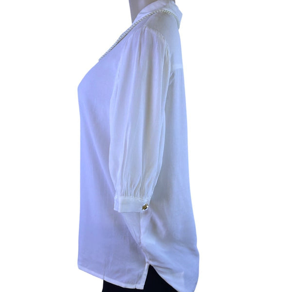Ted Baker Womens White Button-Up Shirt With Pearl-Embellished Collar Sz 2