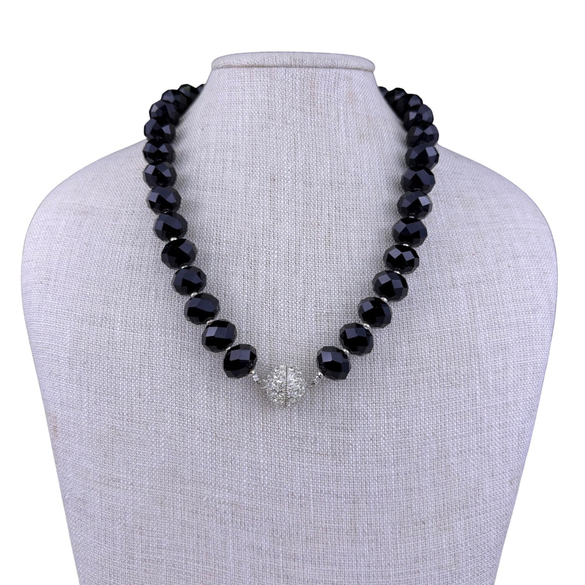 Faceted Glass Bead Necklace Black Magnetic Clasp Handmade Artificial Pearls 