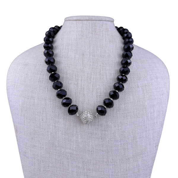 Faceted Glass Bead Necklace Black Magnetic Clasp Handmade Artificial Pearls 