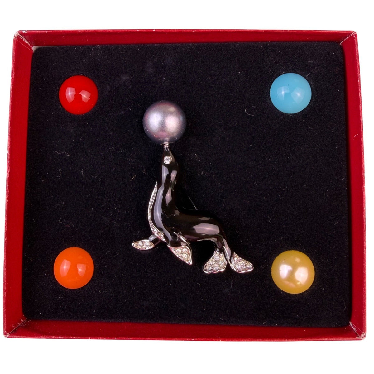 Kenneth Jay Lane Womens Enamel Seal Brooch Rhinestones Interchangeable Balls
