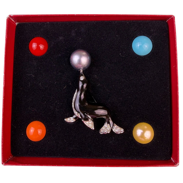 Kenneth Jay Lane Womens Enamel Seal Brooch Rhinestones Interchangeable Balls