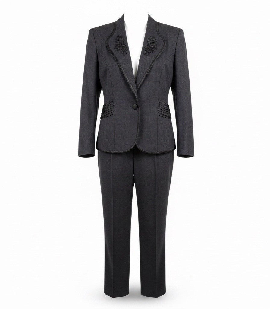 R.J. & Co Petite Womens Black Beaded Blazer & Pants 2-Piece Sz 14P Top12P Pants