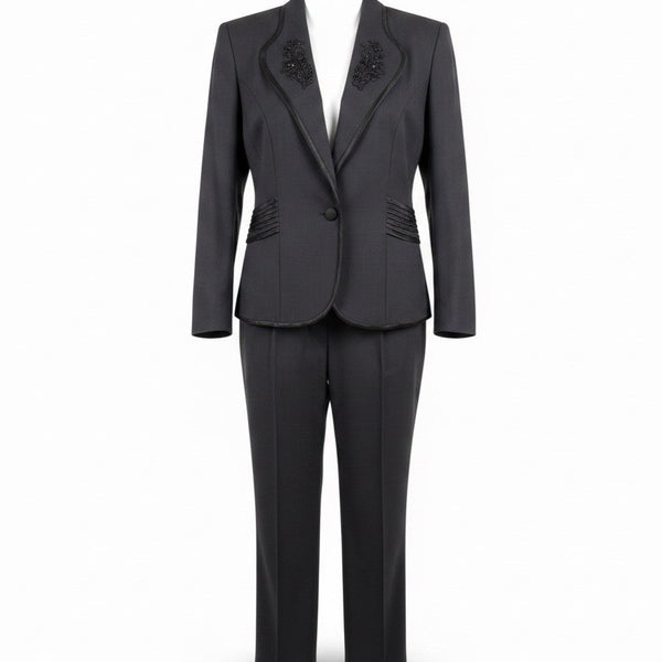 R.J. & Co Petite Womens Black Beaded Blazer & Pants 2-Piece Sz 14P Top12P Pants