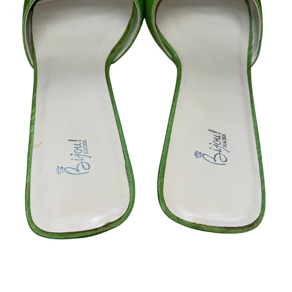 Bijou Women’s Green Fabric & Buckle Detail Square-Toe Heeled Sandals Size 9M