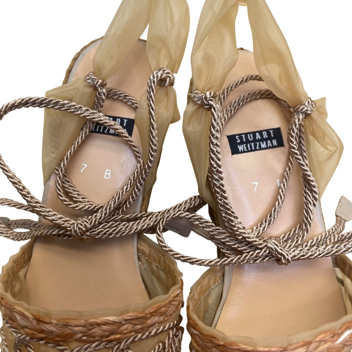 Stuart Weitzman Women’s Brown Embroidered Espadrille Lace-Up Satin Flats Size 7