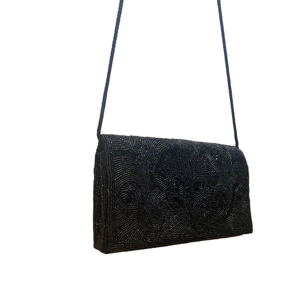 Lord & Taylor Women’s Black Beaded Floral Design Shoulder Strap Evening Clutch
