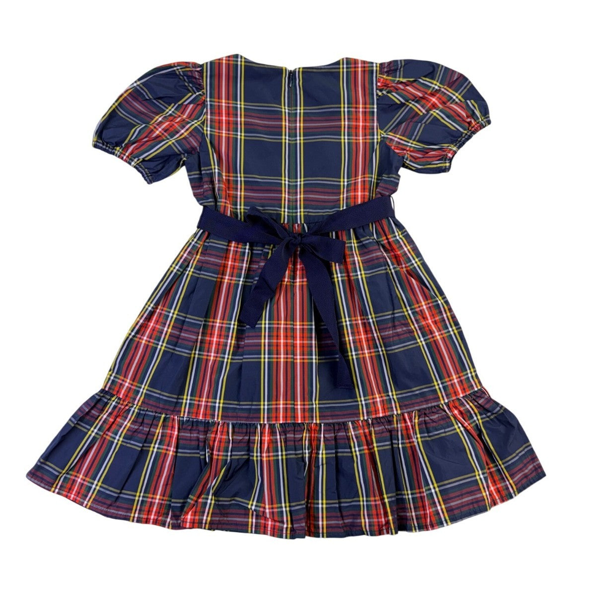 Crewcuts Girls Navy Multicolor Plaid Polyester Puff Sleeve Party Dress Size 7