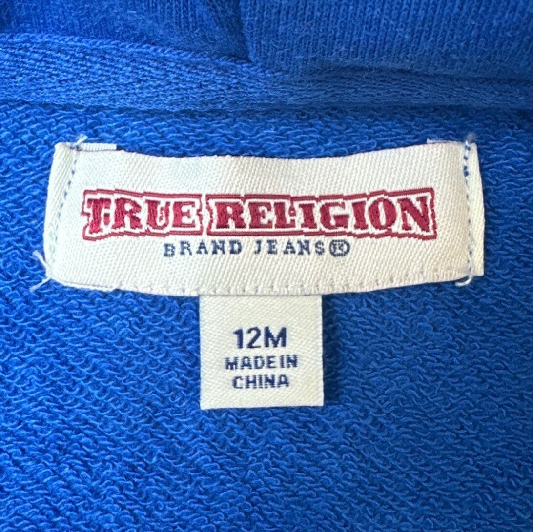True Religion Baby Hoodie Blue Zip-Up Sweatshirt With Yellow Logo Size 12M- New