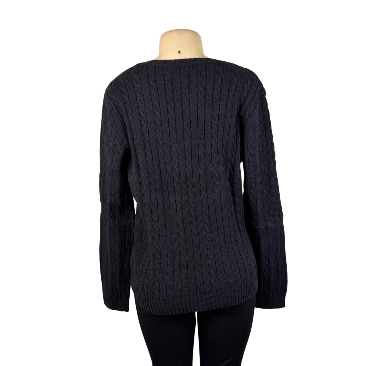 Lauren Ralph Lauren Womens Black Cotton Cable Knit V-Neck Sweater Sz XL