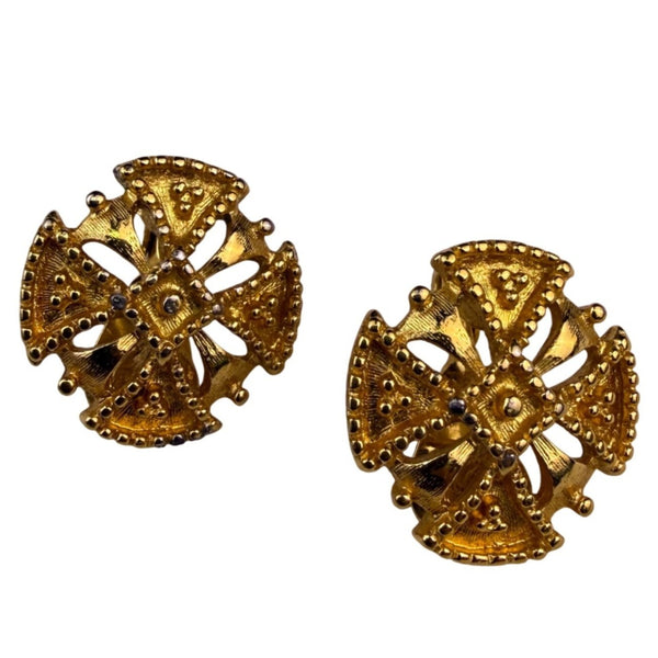 Monet Women Gold Tone Metal Vintage Clip-On Earrings Round Art Deco Design