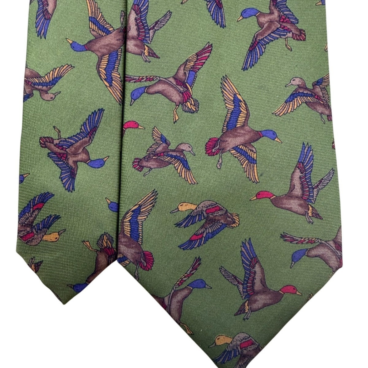 Ferragamo Mens Green Silk Tie Mallard Duck Animal Print Made In Italy
