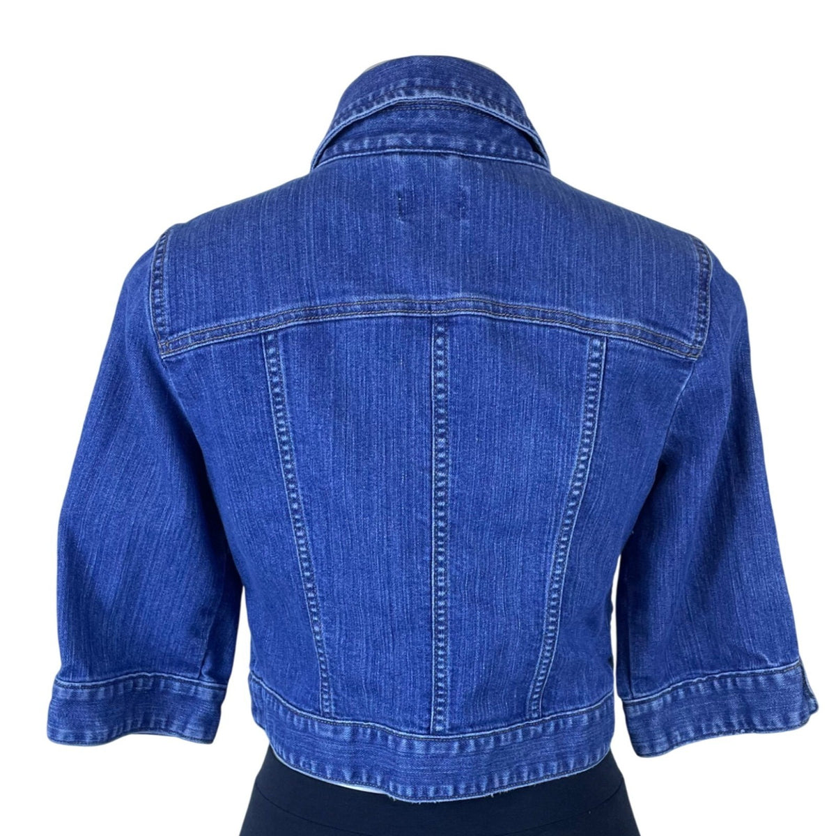 Loft Womens Medium Blue Denim Button Front Cropped Jacket 3/4 Sleeve Cotton