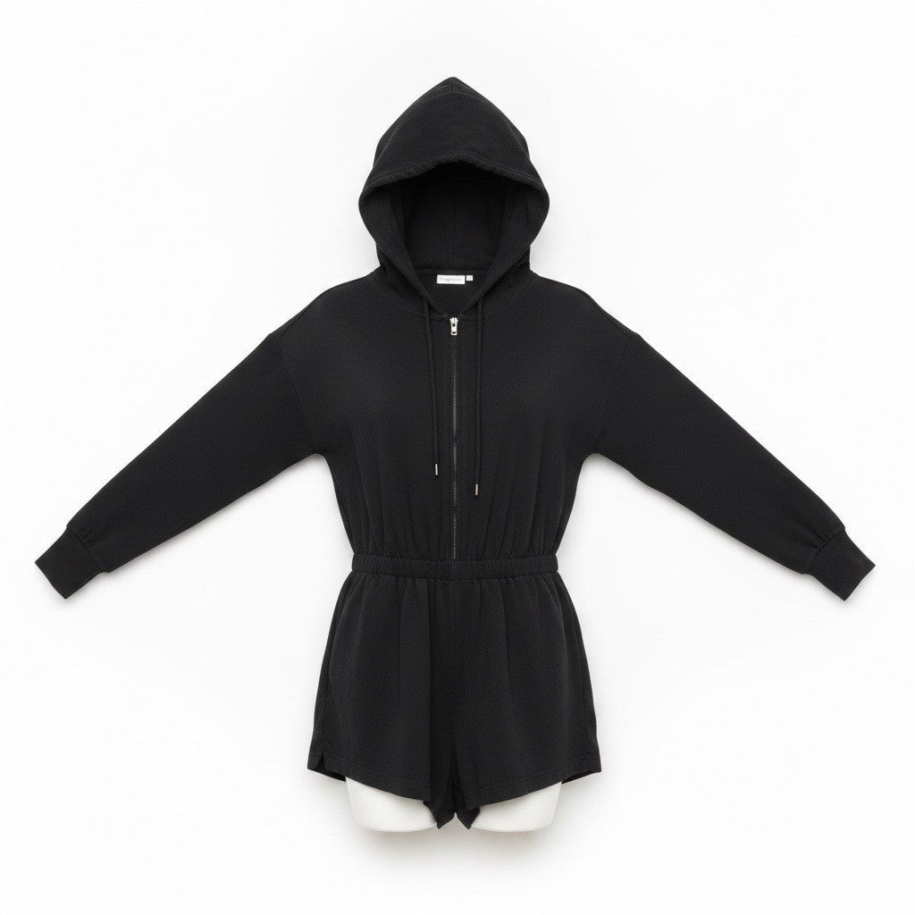 Nia Womens Black Hooded Romper With Elastic Waist & Long Sleeves Size S