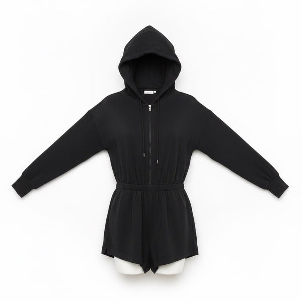Nia Womens Black Hooded Romper With Elastic Waist & Long Sleeves Size S