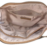 Fossil Women’s Beige Logo Pattern & Brown Leather Trim Adjustable Strap Hobo Bag