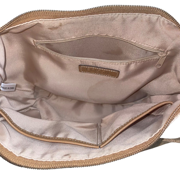 Fossil Women’s Beige Logo Pattern & Brown Leather Trim Adjustable Strap Hobo Bag