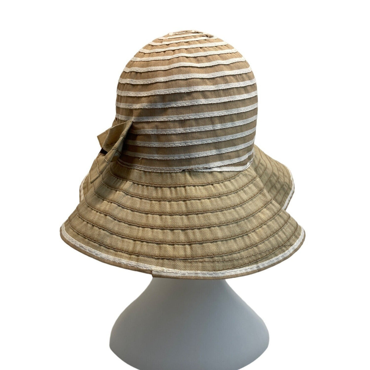 Wide Brim Beige Striped Sun Hat With Bow Accent For Women - One Size