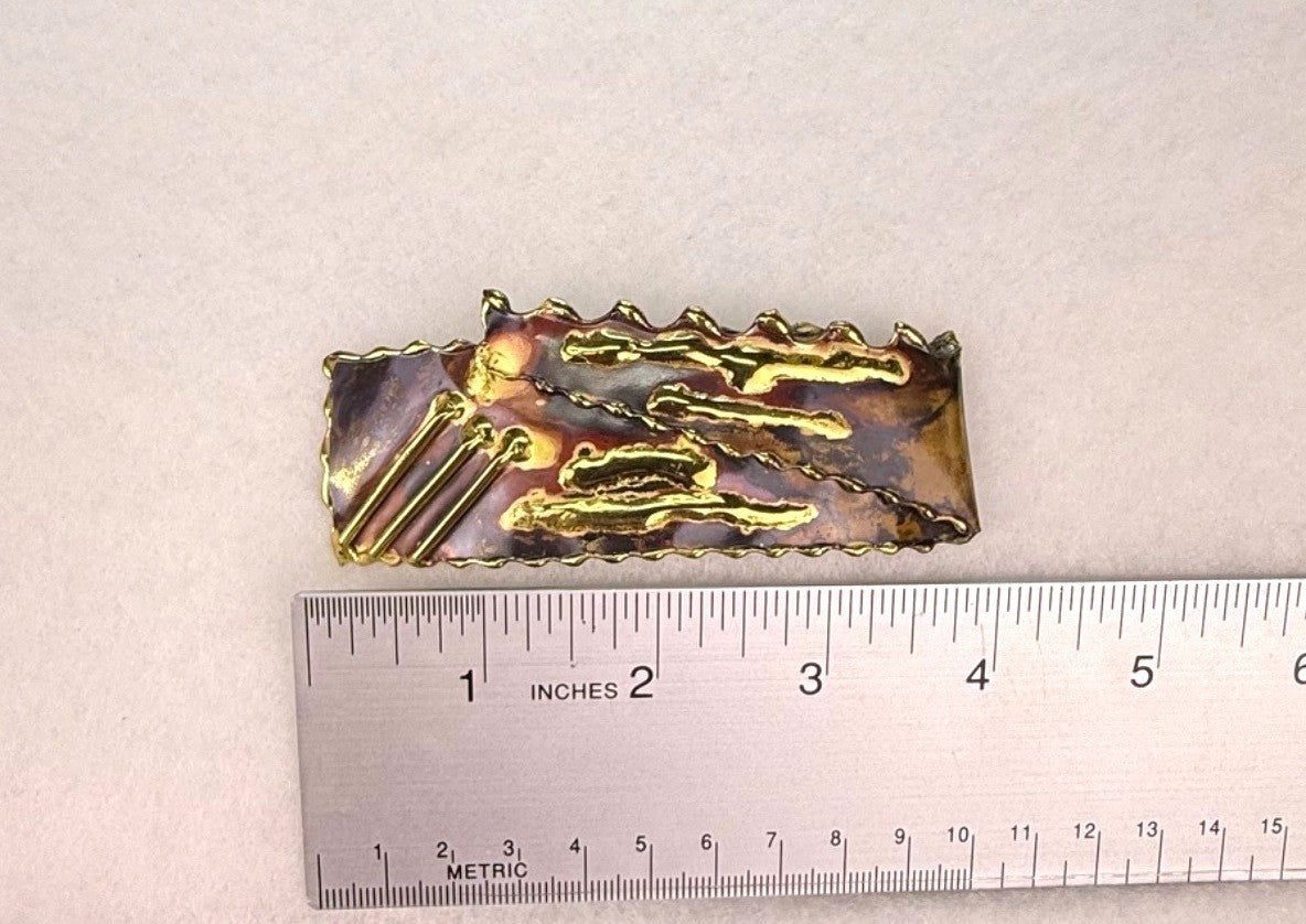 Vintage Large Artisan Mixed Metal Pin Brooch Abstract Brass Copper Handmade Uniq