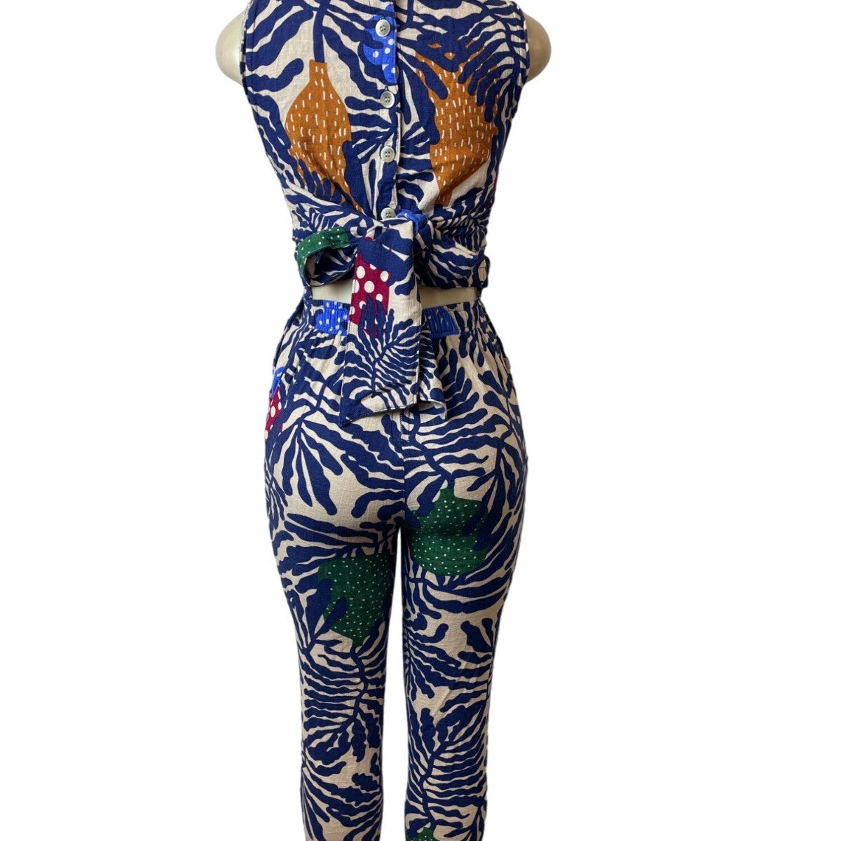 Can Tao Multicolor Sleeveless Sz XS/S Button-Up on Back Waist Tie Women Jumpsuit