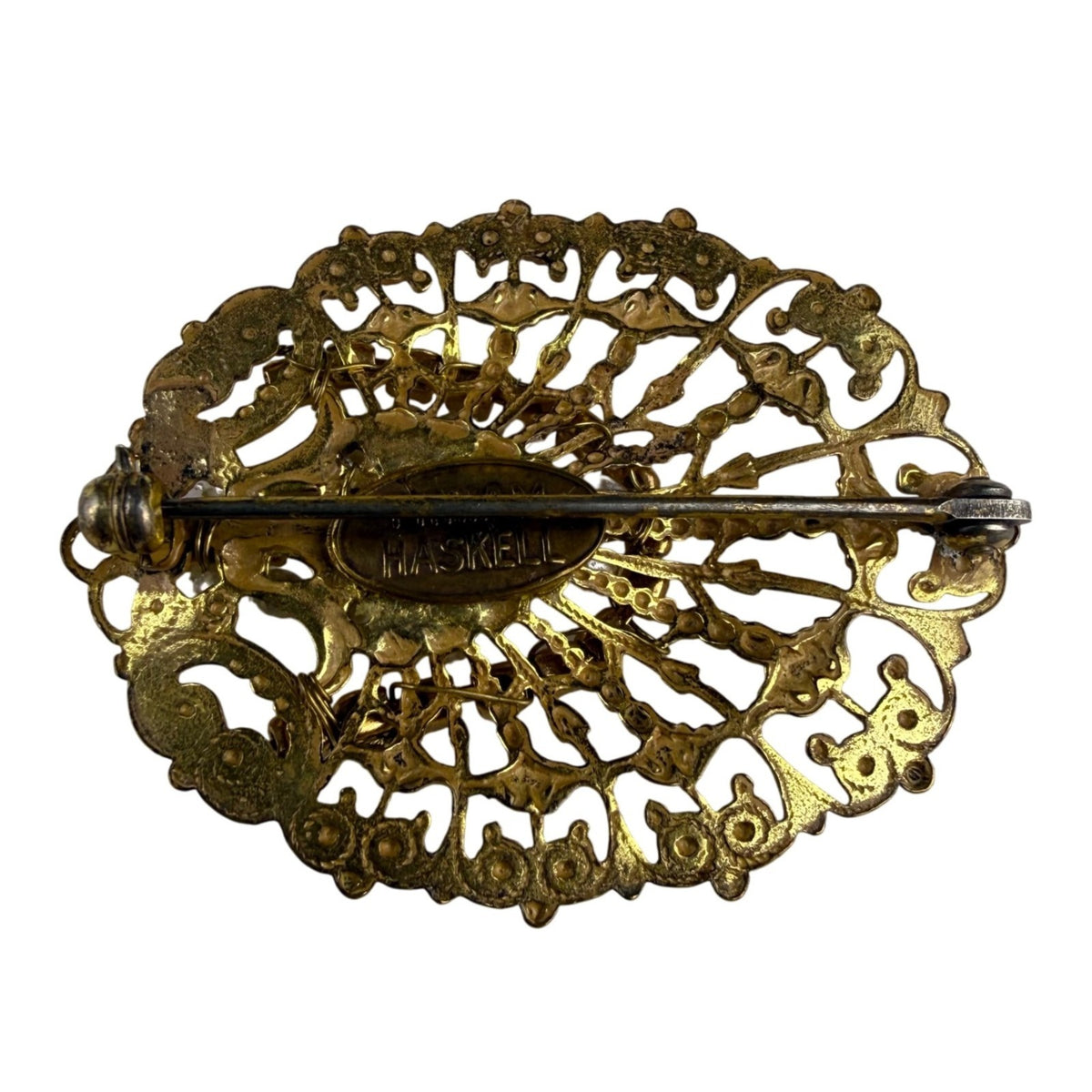 Miriam Haskell Brooch Women Gold Tone Filigree Faux Pearl Rhinestones Oval Desig