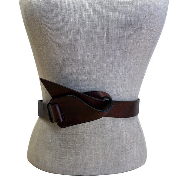 Vintage Black & Brown Leather Wrap Belt With Unique Loop Buckle Design For Women
